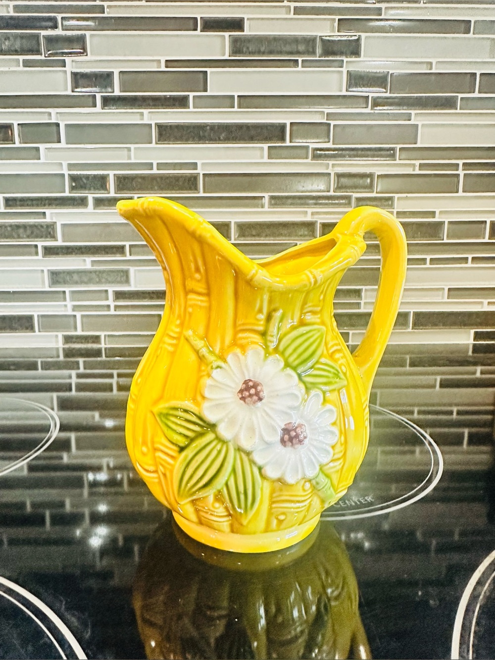 Vtg MCM Retro 3D Embossed Ceramic Daisies & Bamboo Pitcher/Creamer Japan